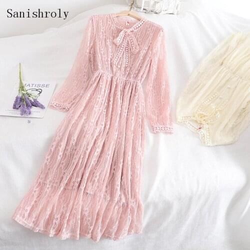 2021 Chic Spring Autumn Women Sweet Long Sleeve Lace Dress Tie Bow Hollow Out Long Dress Lady High Waist A Line Dresses Vestidos
