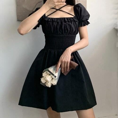 Heydress 2021 Korean Pleated Vestidos Mujer Dresses Women Square Collare Puff Sleeve Robe Lace Up Backless Black A-LINE Dress