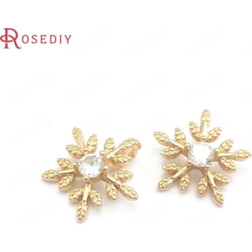 39966)20PCS 12MM 24K Champagne Gold Color Brass Zircon Tree Leaf Flower Charms Pendants Jewelry Making Supplies Diy Accessories