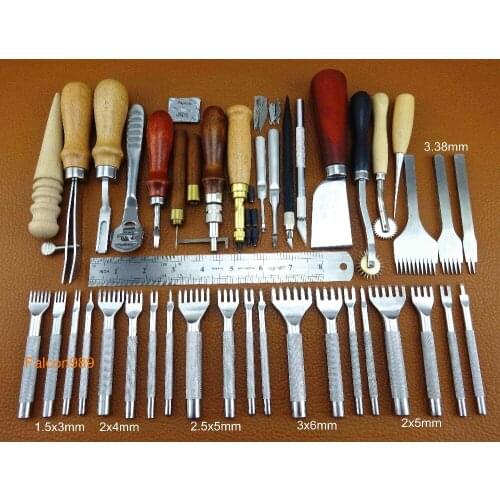 40pcs Leather Craft Sewing Stitching Groover Creaser Punch Beveler Skiving Edger Slicker Tool Set Kit Carving Stamping Knife Awl