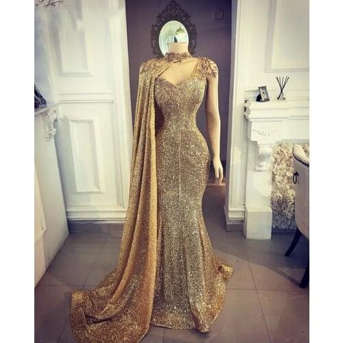 One Shoulder Sparkly Sequin Evening Dress Long 2021 Mermaid Wih Shawl Dubai Women Formal Dress Prom Gowns