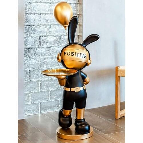 Large Floor Decoration for Living Room Resin Rabbit Figurines Miniatures Decoration Crafts with Storage Tray Modern Home Decor