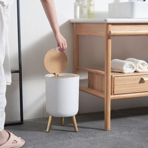 Household creative with lid press living room toilet bathroom kitchen Nordic style ins high-foot imitation wood grain trash can