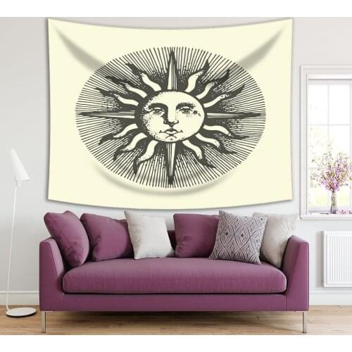 Tapestry Sun Face with Ancient Medieval Style Mysterious Theme Artwork Beige Grey