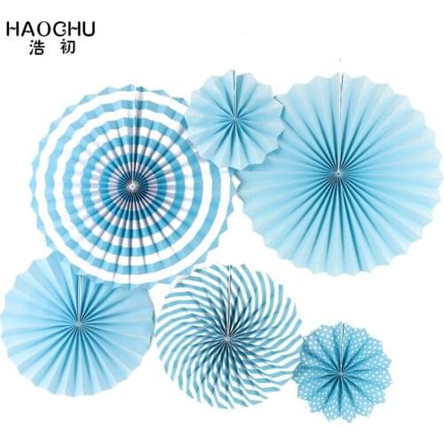 HAOCHU 6pcs/set Wedding Favors Sky Blue Tissue Paper Hand Fans for Christmas Backdrops Baptism Festa Decoration Baby House Decor