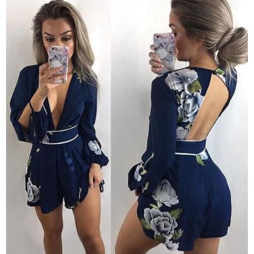 Jumpsuit women bodysuit 2021 Fashion Sexy V-neck Backless Print Long-Sleeve Connected Loose Wild rompers womens jumpsuit HJY8057