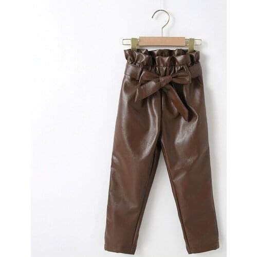 Korean PU leather pants baby girls fall clothes for kids high waist bow knot lace belt pencil pants toddler bottoms 2 to 8 yrs