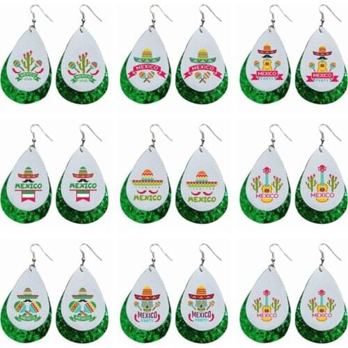 Mexican Fiesta Party Earrings Sombrero Two Layers Diy Pu Leather Teardrop Earrings Glitter Earrings