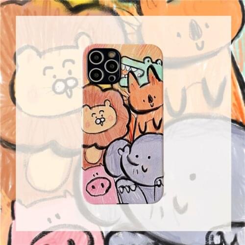 Retro kawaii lion Elephant doodle zoo Japanese Phone Case For iPhone 11 12 Pro Max Xr Xs Max 7 8 Plus 7Plus case Cute Soft Cover