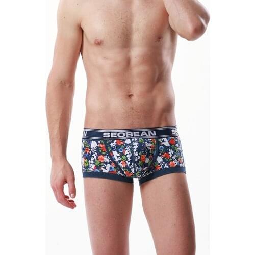 Hot!Seobean brand printed blue flowers Mens gay underwear made of pure cotton boxer shorts Mens sexy boxers printed underpants