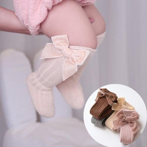 High Quality Wide Velvet Bowknot Girls Socks Spring Fall Solid Candy Color Ribbed Kids Knee High Socks for Girl children Clothes