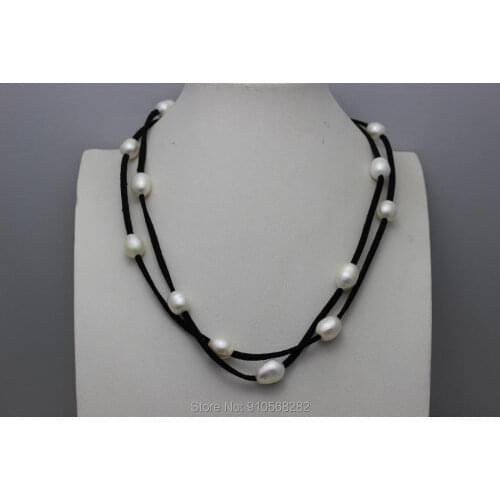 Handmade 2 Strand Black Leather and 13 Beads of White Fresh Water Pearl Necklace 9x12mm 45cm