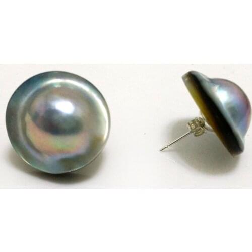 22mm Natural AAA Gray Rondelle Sea Water Mabe Pearl Earring with Sterling Silver Stud