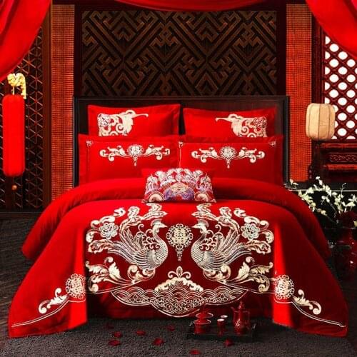Chic Phoenix Embroidery Chinese Style Wedding Red 100% Cotton Princess Bedding Set Duvet/Quilt Cover Bed Sheet Linen Pillowcases