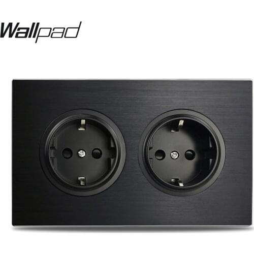 Wallpad L6 Black Double EU Wall Electrical Power Socket Satin Aluminum Frame 3x6 Plate, 146 * 86 mm