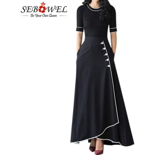 SEBOWEL 2019 Black A Line Maxi Skirt High Waist Piped Button Long Skirts Womens Winter Ladies Elegant Office Skirt With Pockets