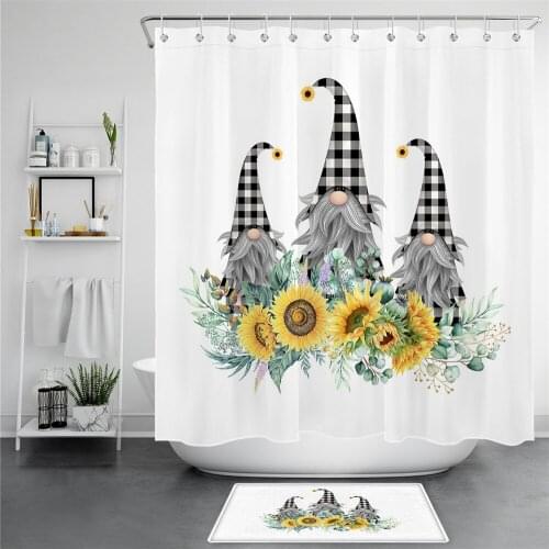 Sunflowers Shower Curtain Gnomes with Plaid Hats Shower Curtain Spring Plants Shower Curtain Botanical Floral Bathroom Curtain