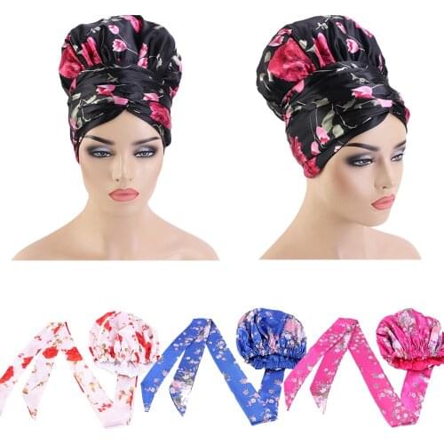 Muslim Women Hijab Cap Satin Printed Bonnet Hair Loss Cap Head Wrap Cover Beanies Long Tail Turban India Hat Bandanas Fashion