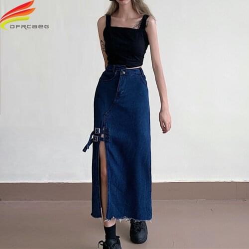 Long Women Denim Skirt 2021 Spring Summer New Arrivals High Waist Street Wear Slit Jean Skirts With Pockets Tassel A Line Skirt