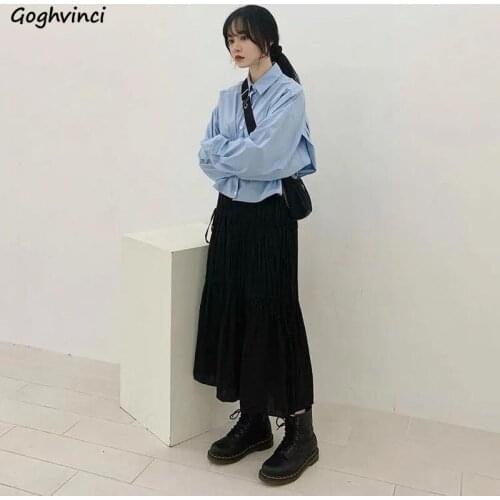 Women Sets Pleated Single Breasted Side-slit Students Casual Lantern Sleeve Vintage Streetwear Ankle-length Chic Harhjuku New