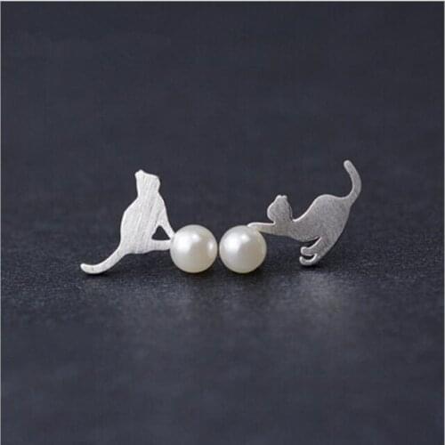 Hot Beautiful Distinguished Noble 925 Sterling Silver Jewelry Cute Animal Pearl Cat Female Earrings SE77