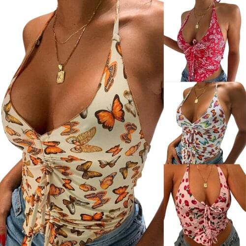 Womens Sexy Halter Bandage Vest Vintage Printing V-neck Drawstring Exposed Navel Camisole