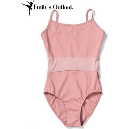 Womens Princess Tank Leotard Spaghetti Straps Ballet Costumes Sleeveless Cotton Bodysuit Mesh Waist Gymnastics Camisole Coral