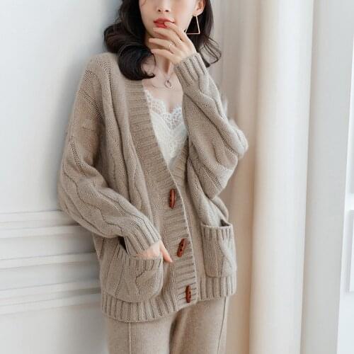 Women Coat 100% cashmere sweater knit top Autumn and winter long-sleeved loose outer wear OL Casual Warm Thicken cardigan