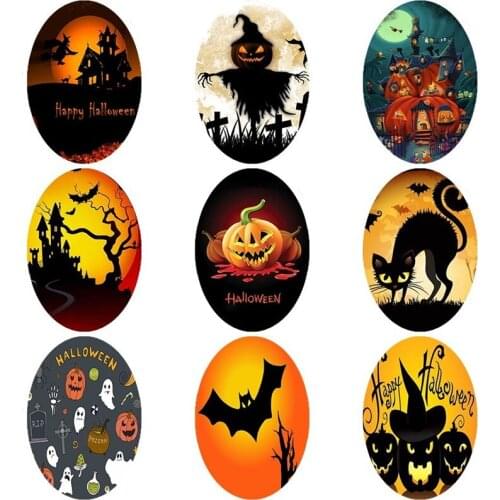 Zdying 10pcs Handmade Halloween Cat Skull skeleton Oval Photo Glass Cabochons Pattern Domed Demo Flat Back Jewelry Accessories