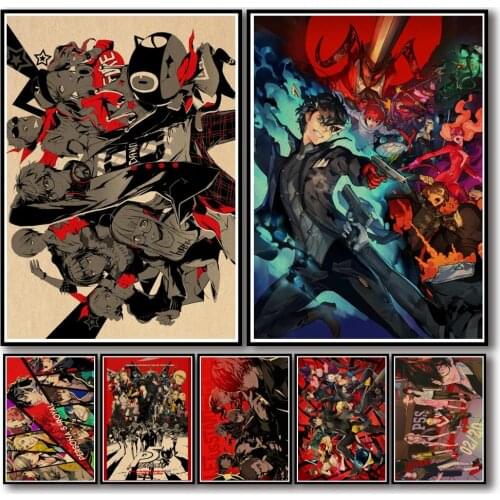 50 Designs Persona 5 Kraftpaper Poster Cartoon Painting Abstract Fancy Wall Sticker for Coffee House Bar