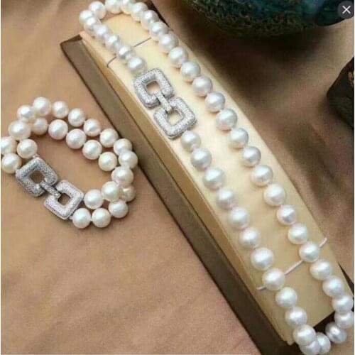 Free Shipping noble jewelry 9-10mm Freshwater white pearl necklace braceler set