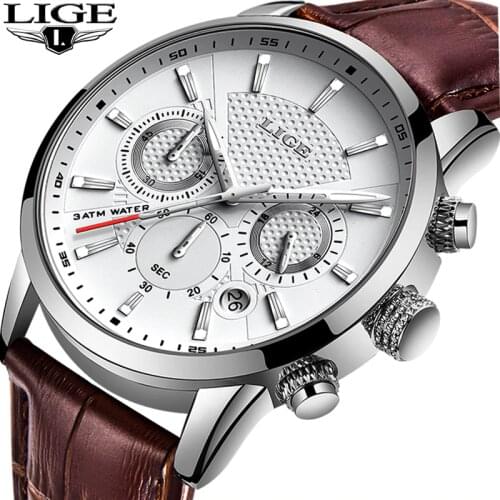 2020 New Mens Watches LIGE Top Brand Leather Chronograph Waterproof Sport Automatic Date Quartz Watch For Men Relogio Masculino