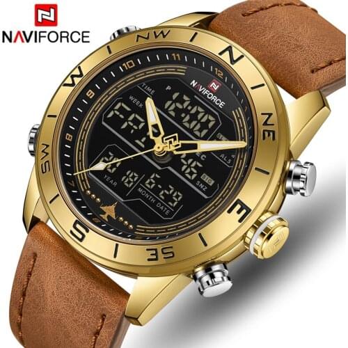 NAVIFORCE Mens Dual Display Watch Men Luxury Business Watches Fashion Analog Digital Wristwatch Leather Waterproof Clock
