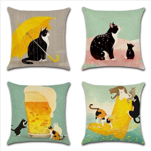 Playful cat Cushion Cover Print Linen cute cat yellow umbrella Sofa Car Seat Family Home Decorative Throw Pillow Case