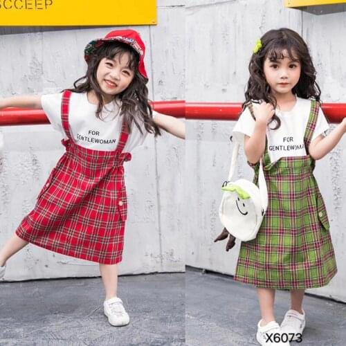 Children Dress Baby Girls Cotton Dress Kid Girls Color Plaid Suspender Fake Two Piece Short Sleeve Dress 2-7 Years Old Child