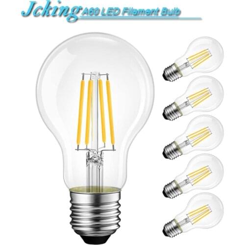 JCKing A60 Dimmable 2W/4W/6W/8W E26/E27 Base LED Filament Bulbs,A60 Clear Glass LED Vintage Edison Bulbs