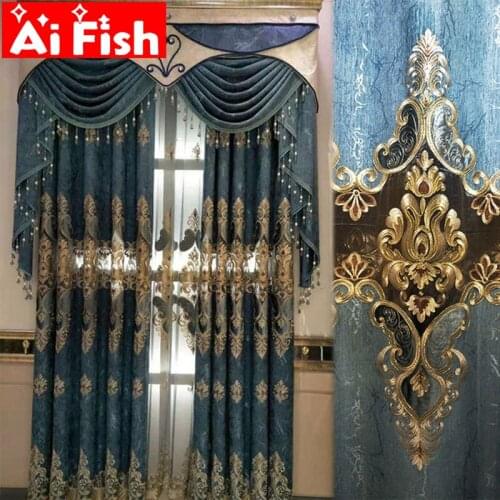 Europe Luxury Palace Dark Blue Curtain for Living Room Water Soluble Lace Embroidery Bedroom Villa Hotel Window Drapes ZH448#30