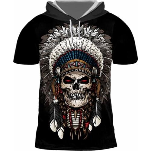 IFPD EU Size 3D Indians Skull Print Hooded Tshirt Men Summer Quality Terror T Shirts Short Sleeve Hip Hop Harajuku Top Drop Ship