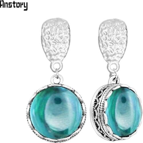 Round Transparent Blue Crystal Stud Earring For Woman Antique Sliver Plated Prevent Allergy Fashion Jewelry For Woman