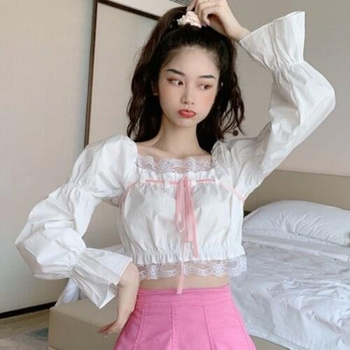 Lace Tops Women Summer 2020 Cute Y2k Style Shirt for Sweet Girl Square Collar Long Sleeve Short Blouses with Three Color Ribbons