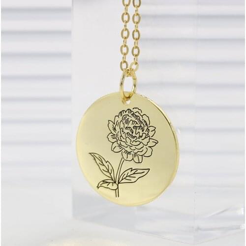 Mini-World Classic Round Pendant Custom Carved Name Birth Flower Necklace Stainless Steel Personalized Jewelry For Women Mom