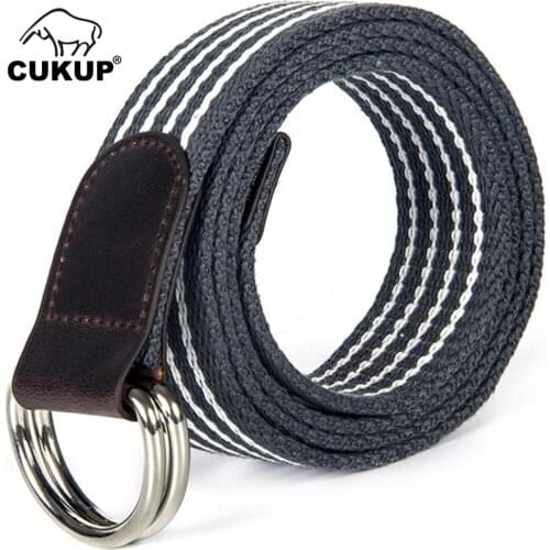 CUKUP Unisex Leisure Double Ring Buckle Metal Belt Mens Quality Canvas Belts Striped Pattern Accessories Women New 2018 CBCK102