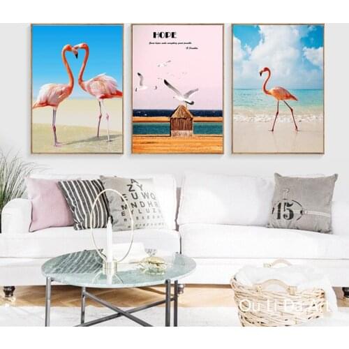 No frame contracted seaside landscape romantic flamingos canvas printings oil painting printed on canvas wall decoration picture