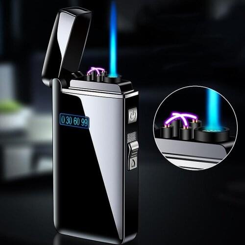 2021 New Metal Windproof USB Flashlight Lighter Dual Arc LED Flashlight Turbo Lighter Charging Butane Gas Tube Cigar Lighter Too