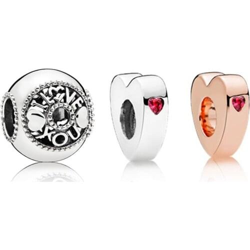 NEW 100% 925 Sterling Silver 1:1 Glamour Valentines Day I Love You Beaded Rose Gold Heart-shaped Red Zircon Isolation Beads