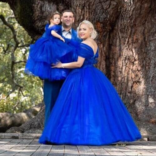 Mother & Daughter Royal Blue Tulle Puffy Dress Ruffled Tiered A-line Dresses Floor Length Fromal Party Gown Custom made