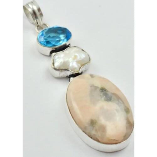 Rhodochrosite & Biwa Pearls Pendant Silver Overlay over Copper , 75 mm, P2882