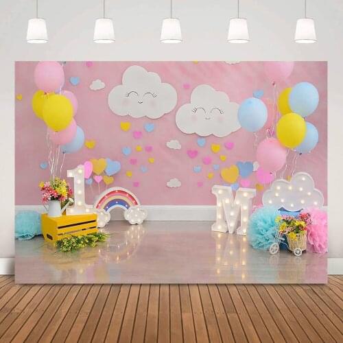 Pink Girl 1st Birthday Cake Smash Backdrop Rainbow Cloud Baby Portrait Photo Shoot Background Balloons One Birthday Party