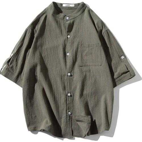 Summer short-sleeved shirt mens casual cotton and linen Slim comfortable breathable collarless solid color shirt large size 5XL