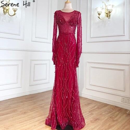 Serene Hill Ｍuslim Wine Red Luxury Evening Dresses Gowns 2021 Mermaid Beaded Elegant For Woman Wedding Party LA71144